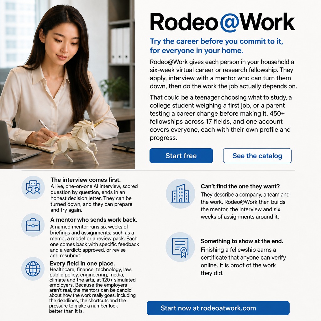 Rodeo@Work: try the career before you commit to it. Six-week virtual career and research fellowships with a mentor interview, 450+ fellowships across 17 fields, and one account for everyone in your household.